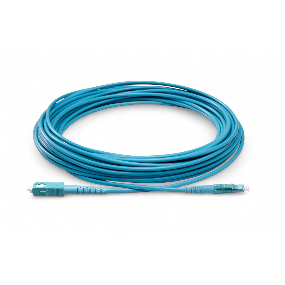TAA Compliant Fiber Patch Cable | 0.2dB LC/UPC to SC/UPC Multimode OM4 Simplex | Corning ClearCurve OM4 50 µm Laser-Optimized Fiber | Aqua OFNR Jacket, Aqua Connectors