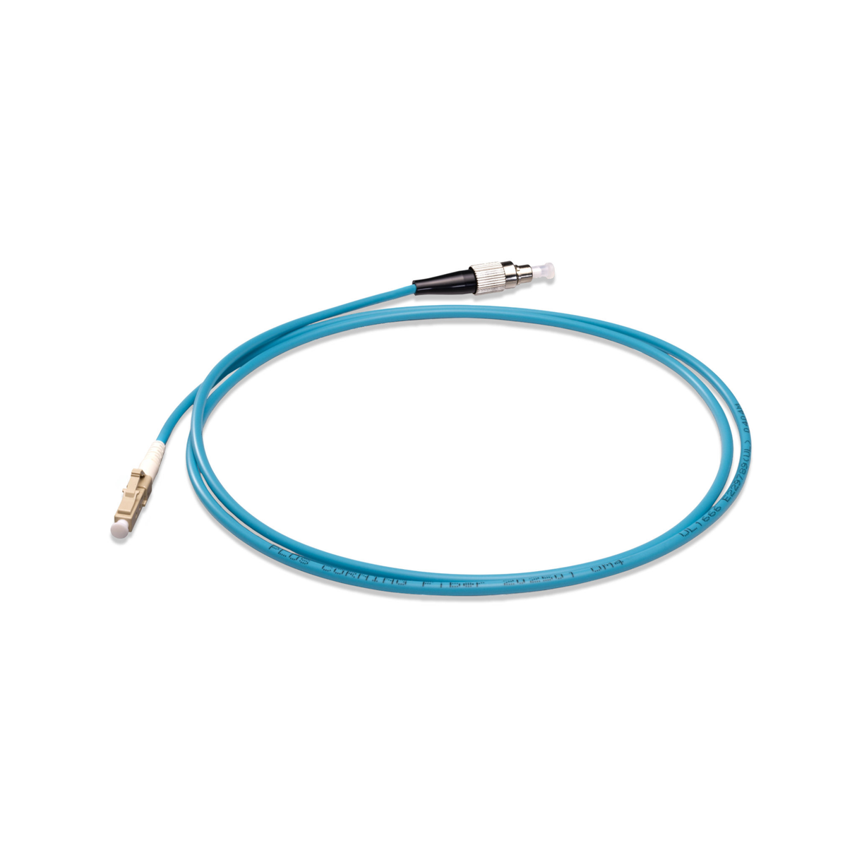 0.2dB LC/UPC to FC/UPC Multimode OM4 Simplex Fiber Patch Cable | Corning ClearCurve OM4 50 µm Laser-Optimized Fiber | Aqua OFNR Jacket, Beige Connectors