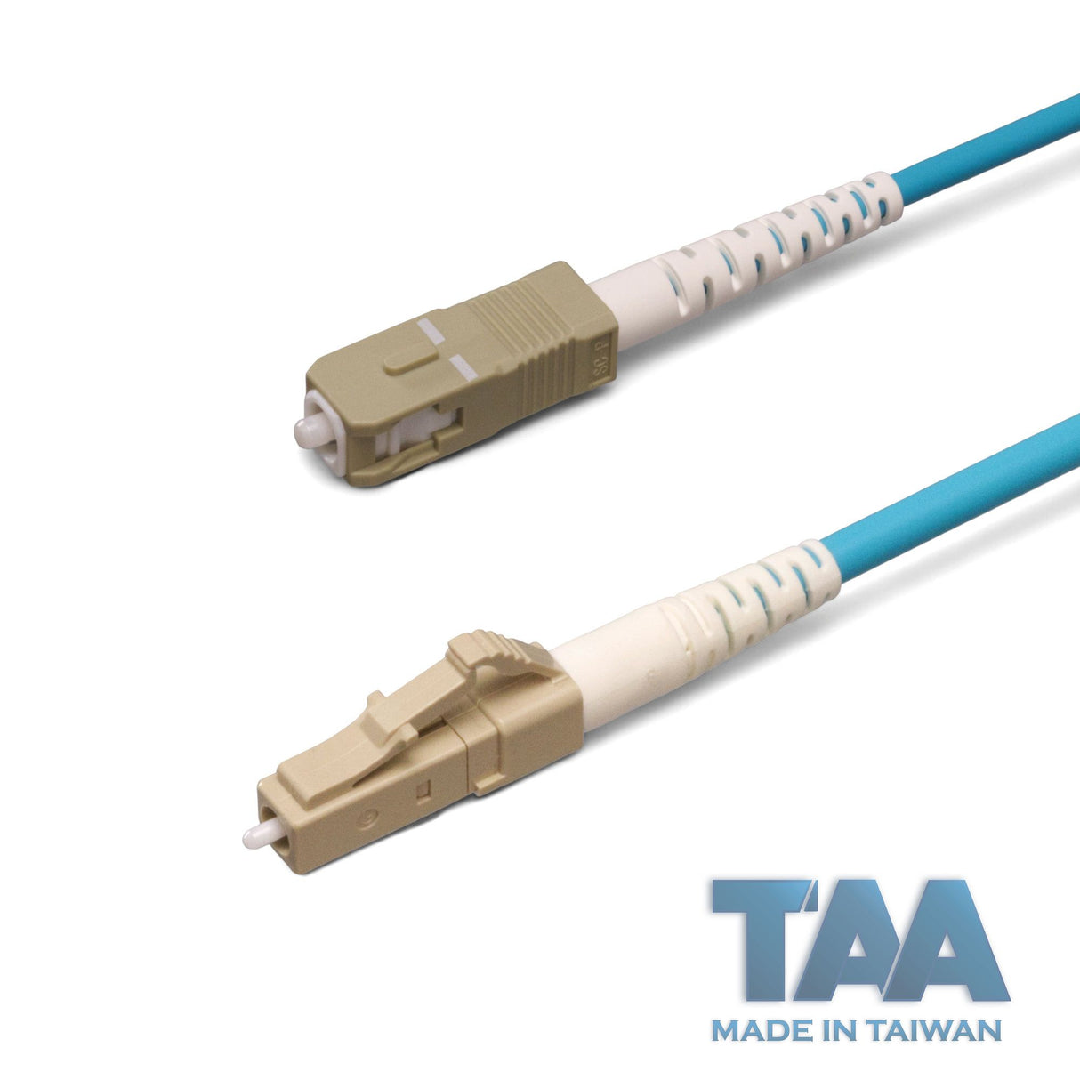 TAA合規 | 電信級 0.2dB LC/UPC to SC/UPC 多模 OM4 單工光纖跳線 | 康寧纖芯 | 水綠色 OFNR 外被, 米色接頭