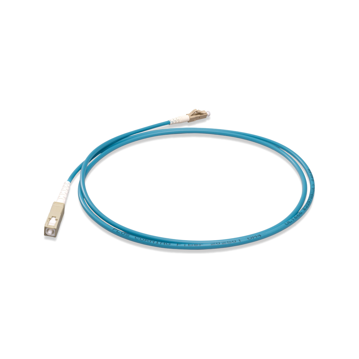 TAA Compliant Fiber Patch Cable | 0.2dB LC/UPC to SC/UPC Multimode OM4 Simplex | Corning ClearCurve OM4 50 µm Laser-Optimized Fiber | Aqua OFNR Jacket, Beige Connectors