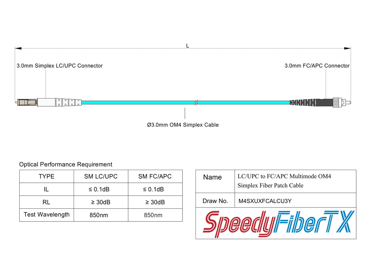 Ultra Low Loss 0.1dB FC/APC to LC/UPC Multimode OM4 Simplex Fiber Patch Cable | Corning ClearCurve OM4 50 µm Laser-Optimized Fiber | Aqua LSZH Jacket, Metal Connectors