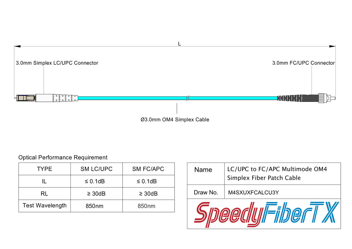Ultra Low Loss 0.1dB FC/APC to LC/UPC Multimode OM4 Simplex Fiber Patch Cable | Corning ClearCurve OM4 50 µm Laser-Optimized Fiber | Aqua LSZH Jacket, Metal Connectors