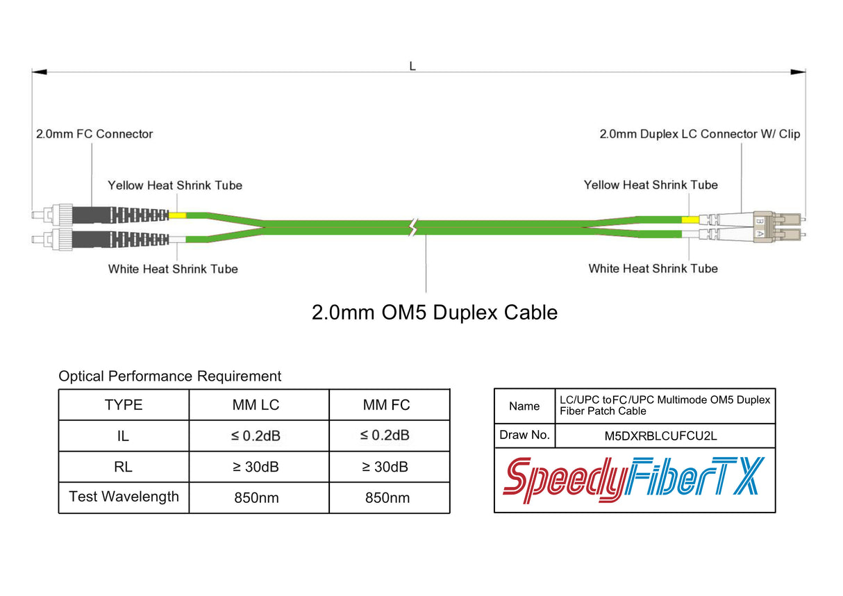 0.2dB LC/UPC to FC/UPC Multimode OM5 Duplex Fiber Patch Cable | OM5 50 µm Laser-Optimized Fiber | Lime Green OFNR Jacket, Beige Connectors