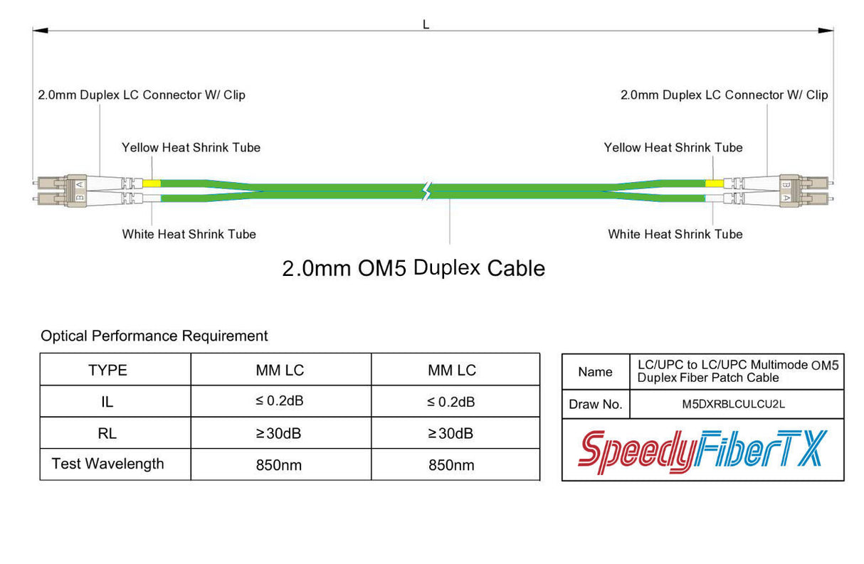 0.2dB LC/UPC to LC/UPC Multimode OM5 Duplex Fiber Patch Cable | OM5 50 µm Laser-Optimized Fiber | Lime Green OFNR Jacket, Beige Connectors