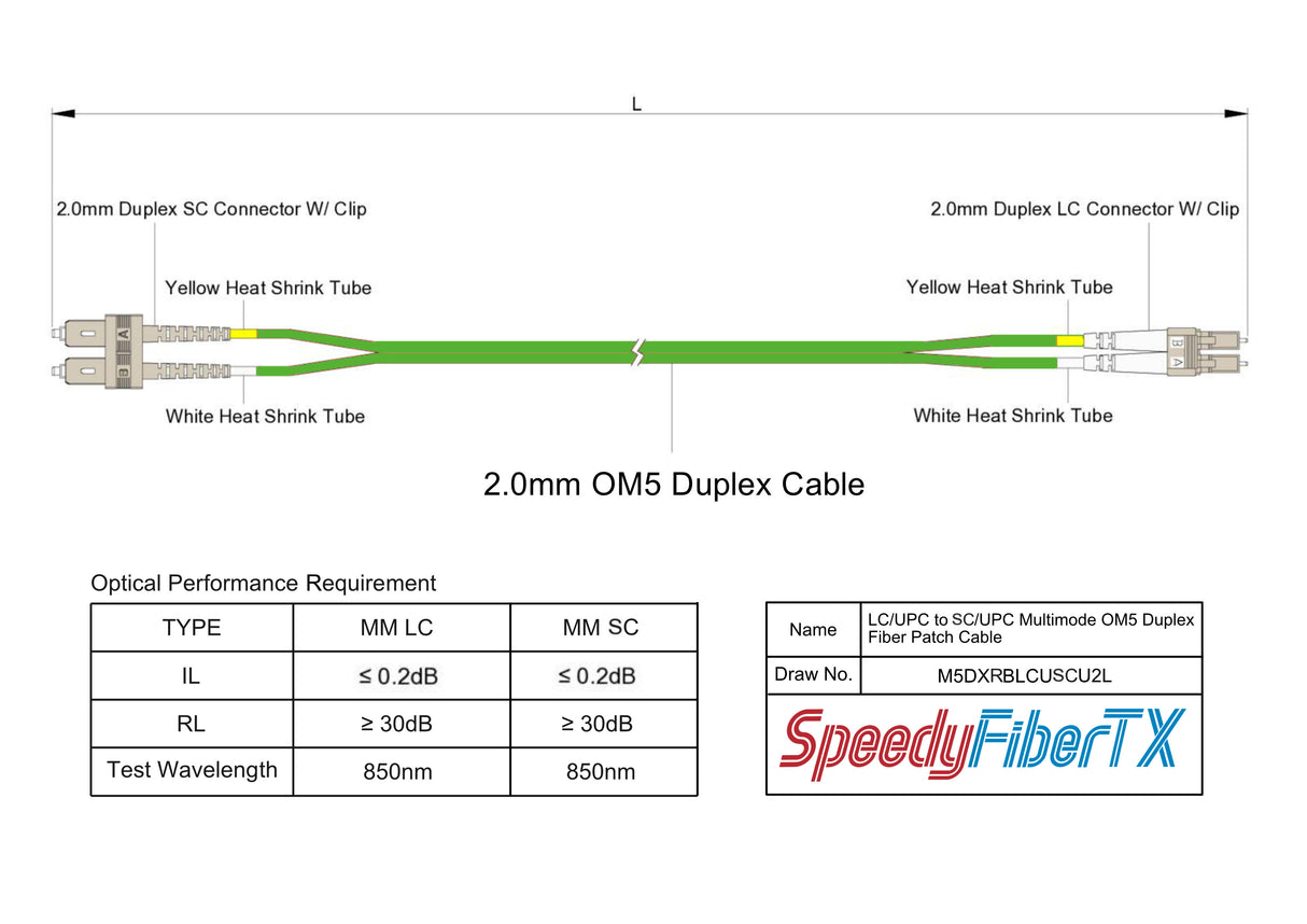 0.2dB LC/UPC to SC/UPC Multimode OM5 Duplex Fiber Patch Cable | OM5 50 µm Laser-Optimized Fiber | Lime Green OFNR Jacket, Beige Connectors