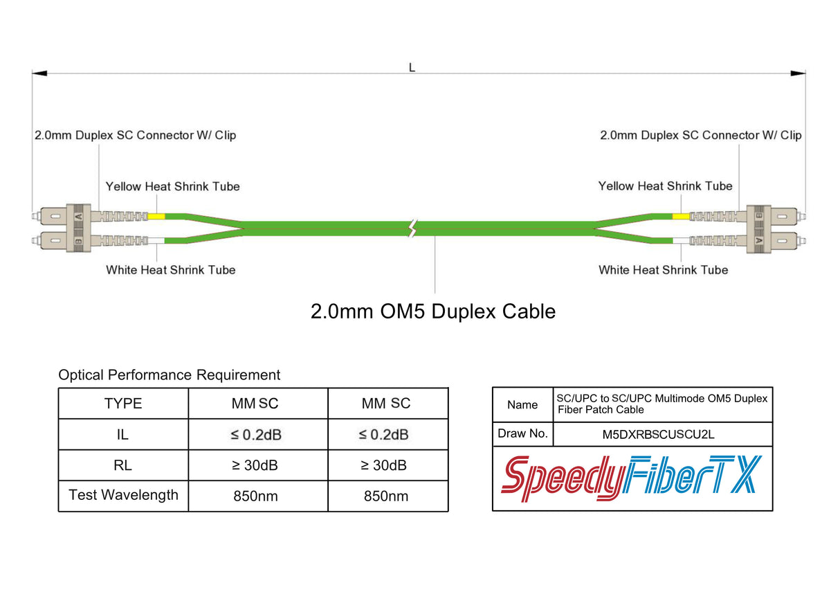 0.2dB SC/UPC to SC/UPC Multimode OM5 Duplex Fiber Patch Cable | OM5 50 µm Laser-Optimized Fiber | Lime Green OFNR Jacket, Beige Connectors