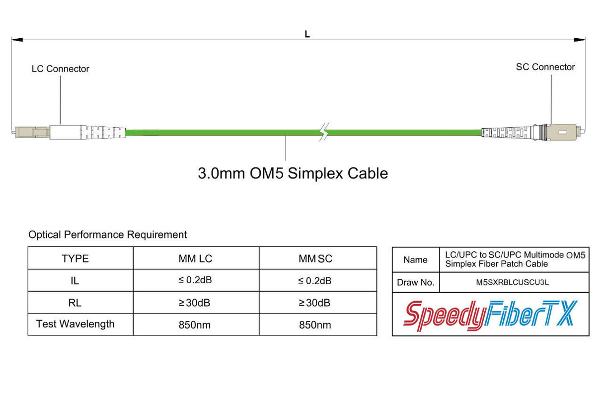 0.2dB LC/UPC to SC/UPC Multimode OM5 Simplex Fiber Patch Cable | OM5 50 µm Laser-Optimized Fiber | Lime Green OFNR Jacket, Beige Connectors