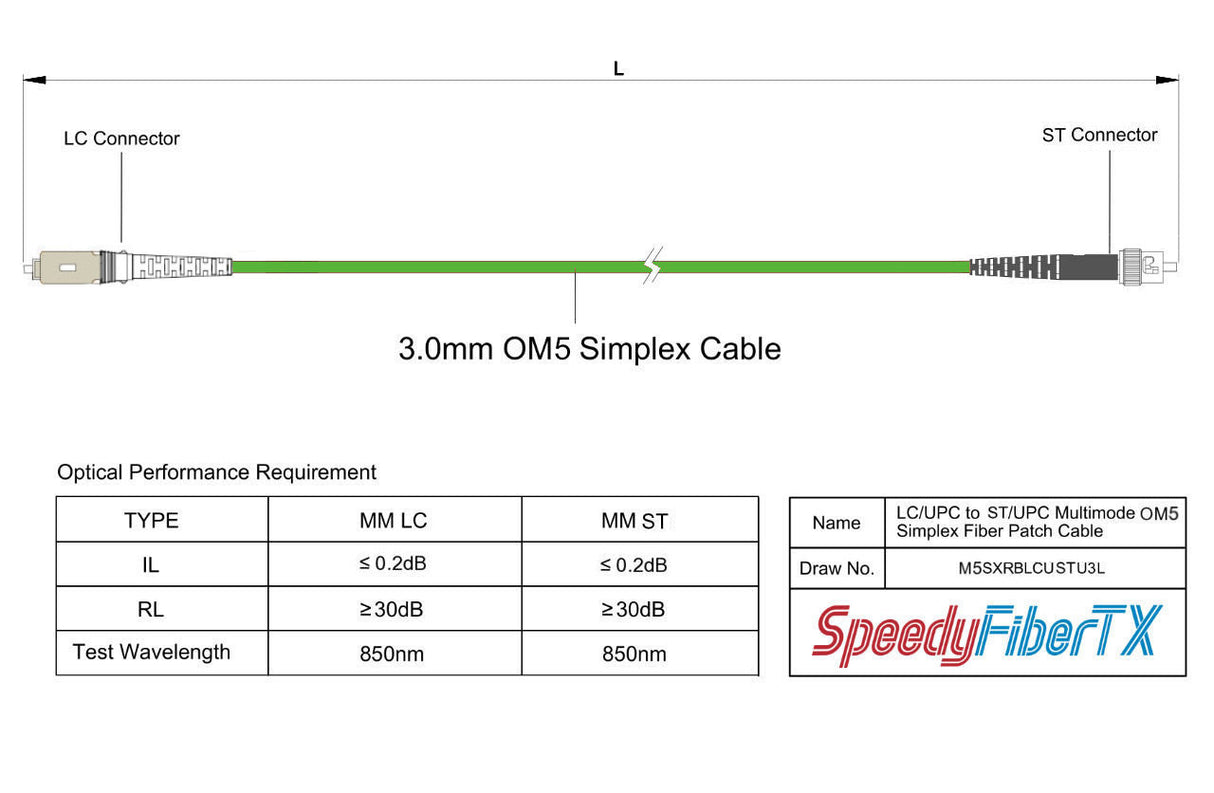 0.2dB LC/UPC to ST/UPC Multimode OM5 Simplex Fiber Patch Cable | OM5 50 µm Laser-Optimized Fiber | Lime Green OFNR Jacket, Beige Connectors