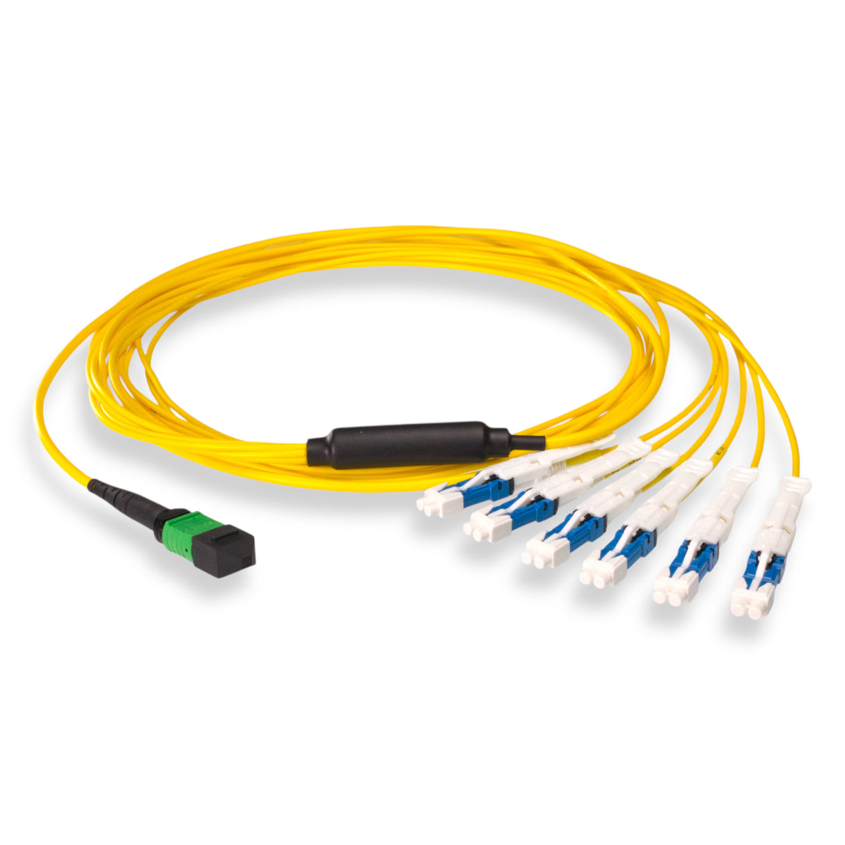 12-Fiber Non-Pinned MPO-12/APC to 6 x CS/UPC Breakout Cable | Corning® SMF-28® Ultra Single-mode Optical Fiber | OS1/OS2 Compatible | Type B, Green MPO Connector, Blue CS Connector, Yellow Cable Jacket | OFNR Jacket