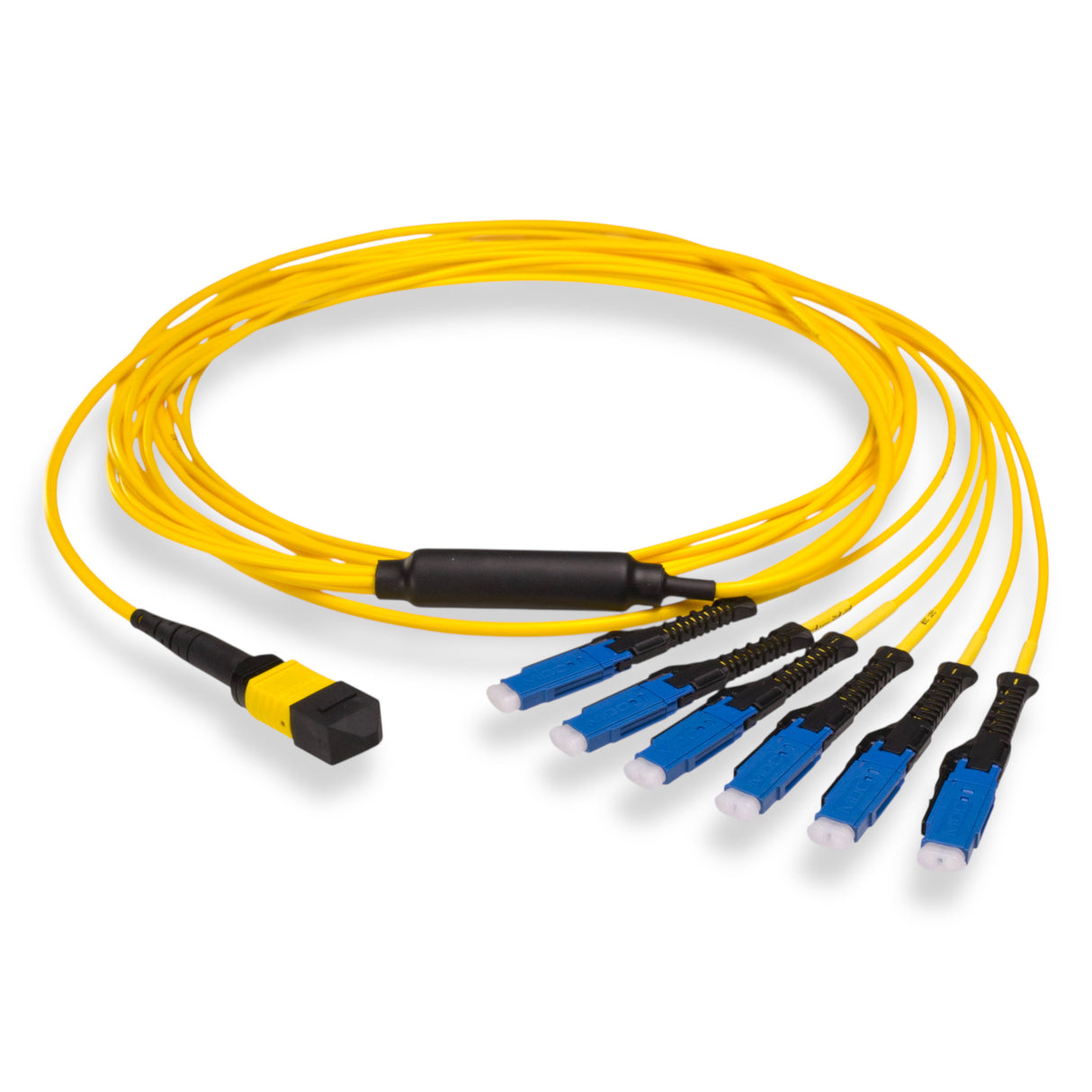 12-Fiber Non-Pinned MPO/APC to 6 x MDC/UPC Fanout Cable | Corning® SMF-28® Ultra Single-mode Optical Fiber | OS1/OS2 Compatible | Type B, Yellow MPO Connector, Blue MDC Connector, Yellow Cable Jacket | OFNR Jacket