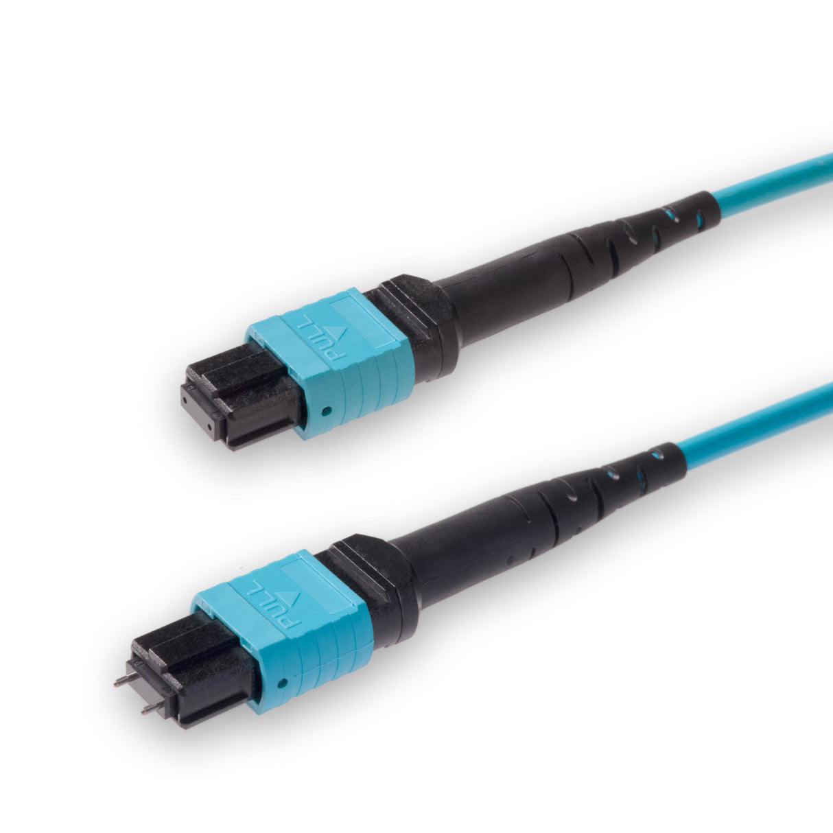 12-Fiber Low Loss Pinned MPO/UPC to Non-Pinned MPO/UPC Jumper | Corning® ClearCurve® OM3 Multimode Optical Fiber | Type B, Aqua MPO Connectors, Aqua Cable Jacket | LSZH Jacket