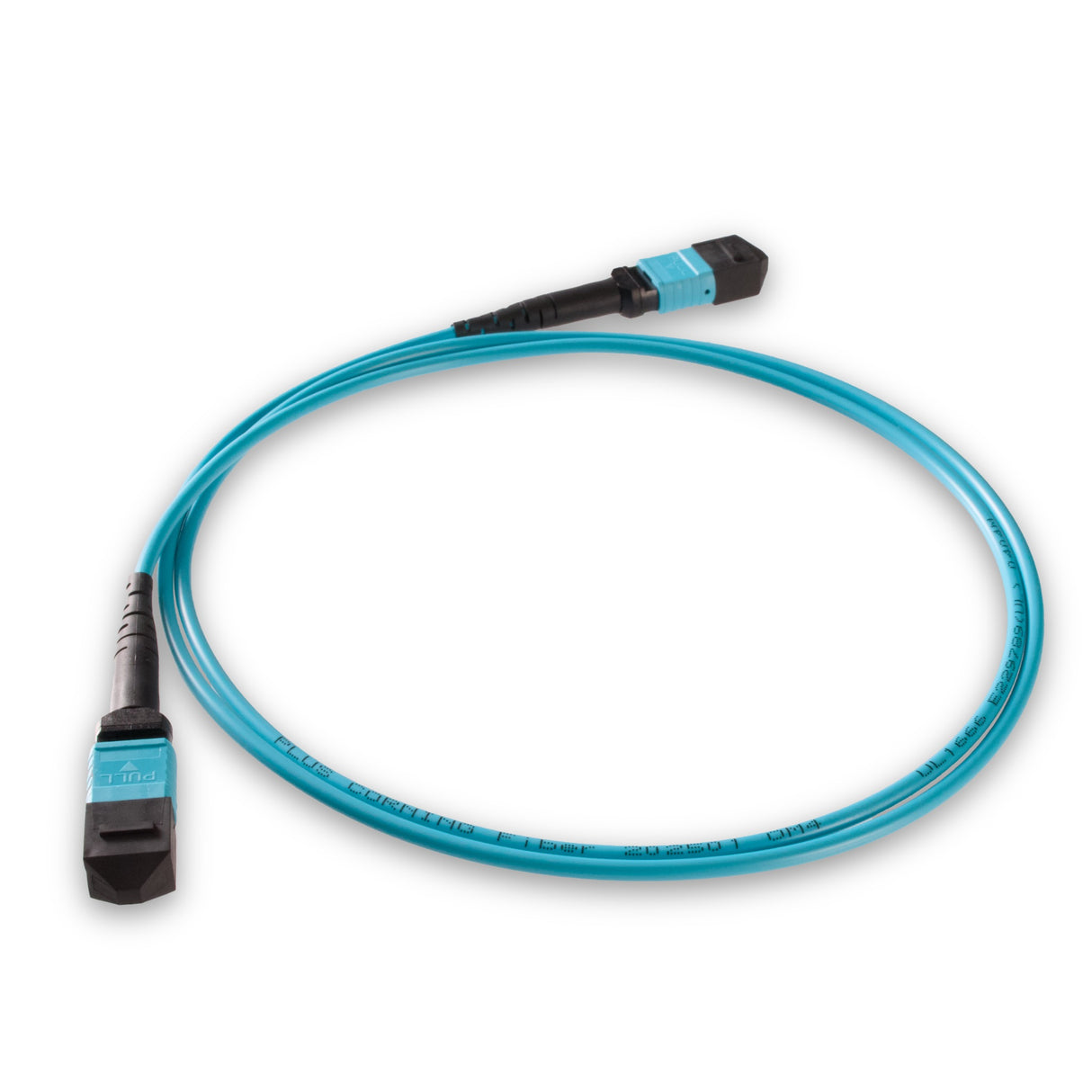 12-Fiber Elite Non-Pinned MPO APC to MPO APC Jumper with Corning® ClearCurve® OM4 Multimode Fiber, Type B polarity, Aqua MPO connectors, and Aqua jacket, optimized for 40GBASE-SR4 and 100GBASE-SR4 multimode parallel optics in high-density data centers.