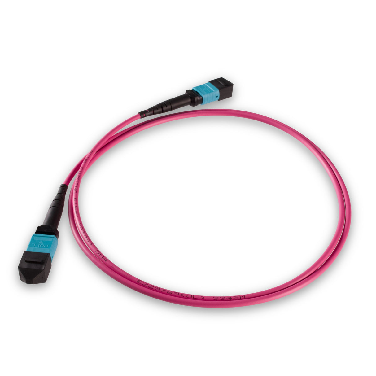 12-Fiber Elite Non-Pinned MPO APC to MPO APC Jumper with Corning® ClearCurve® OM4 Multimode Fiber, Type B polarity, Aqua MPO connectors, and Magenta jacket, optimized for 40GBASE-SR4 and 100GBASE-SR4 multimode parallel optics in high-density data centers.
