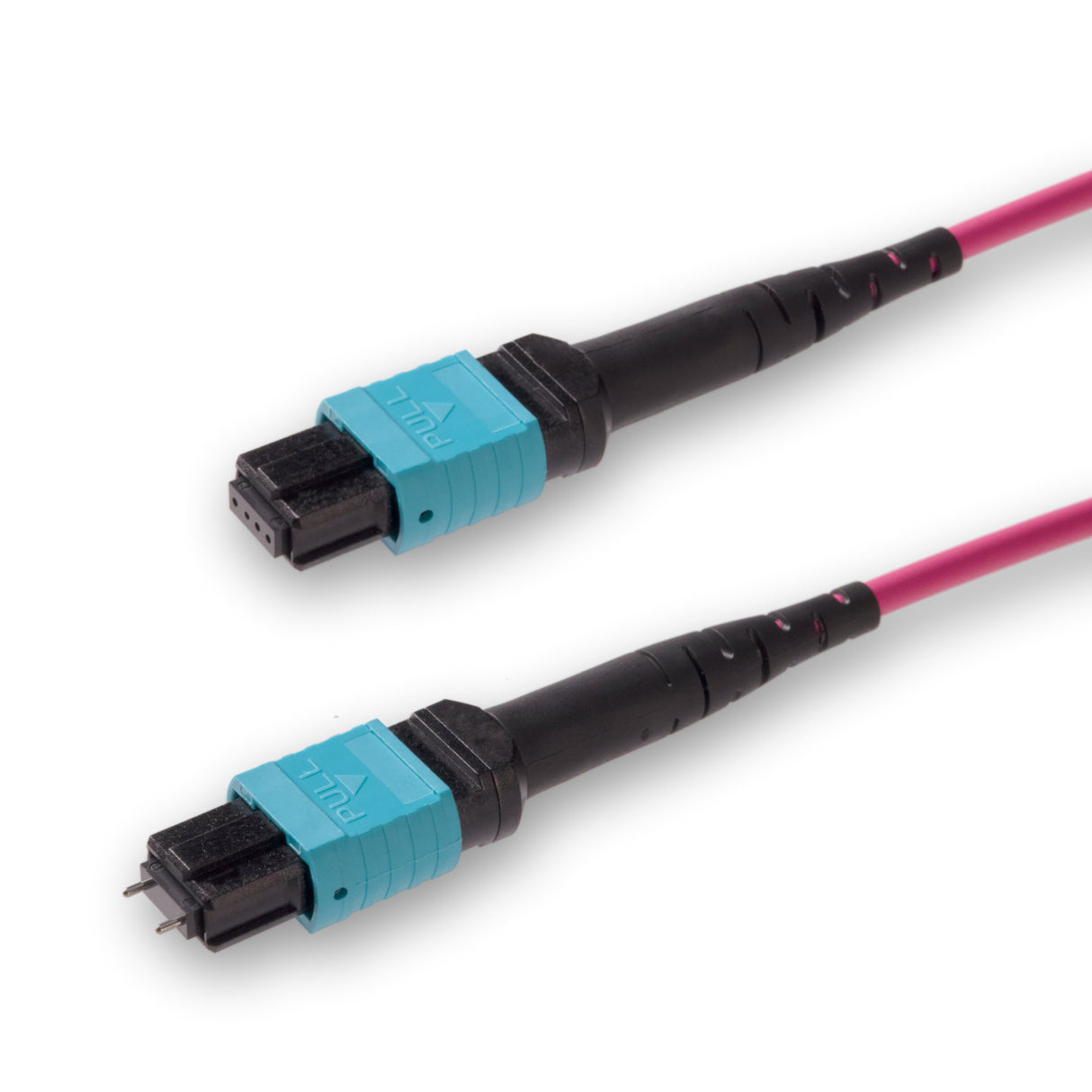 12-Fiber Low Loss Pinned MPO/UPC to Non-Pinned MPO/UPC Jumper | Corning® ClearCurve® OM4 Multimode Optical Fiber | Type A, Aqua MPO Connectors, Magenta Cable Jacket | LSZH Jacket