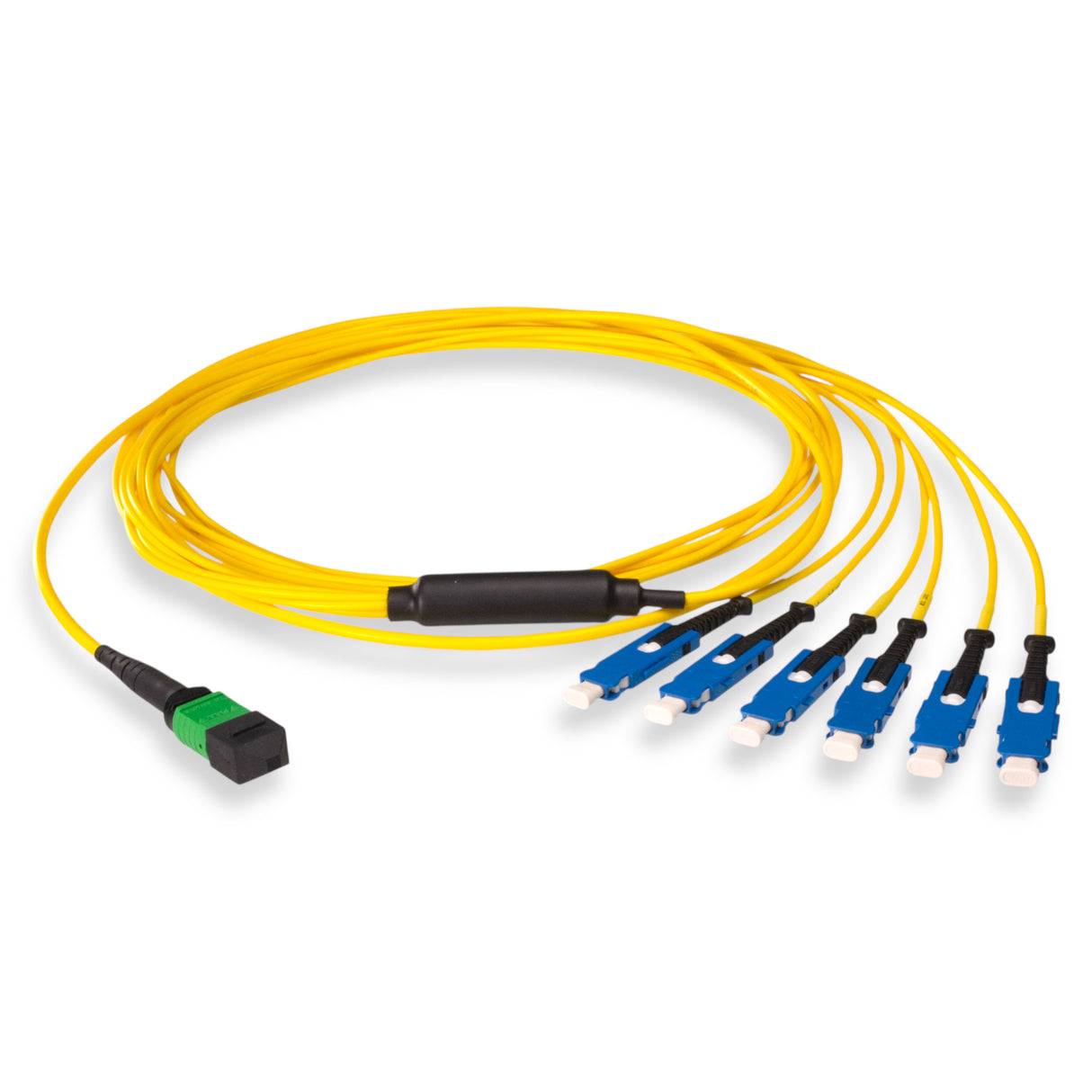 12-Fiber Non-Pinned MPO/APC to 6 x SN/UPC Fanout Cable | Corning® SMF-28® Ultra Single-mode Optical Fiber | OS1/OS2 Compatible | Type B, Green MPO Connector, Blue SN Connector, Yellow Cable Jacket | OFNR Jacket