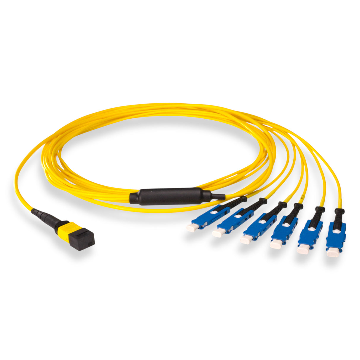 12-Fiber Non-Pinned MPO/APC to 6 x SN/UPC Fanout Cable | Corning® SMF-28® Ultra Single-mode Optical Fiber | OS1/OS2 Compatible | Type B, Yellow MPO Connector, Blue SN Connector, Yellow Cable Jacket | OFNR Jacket