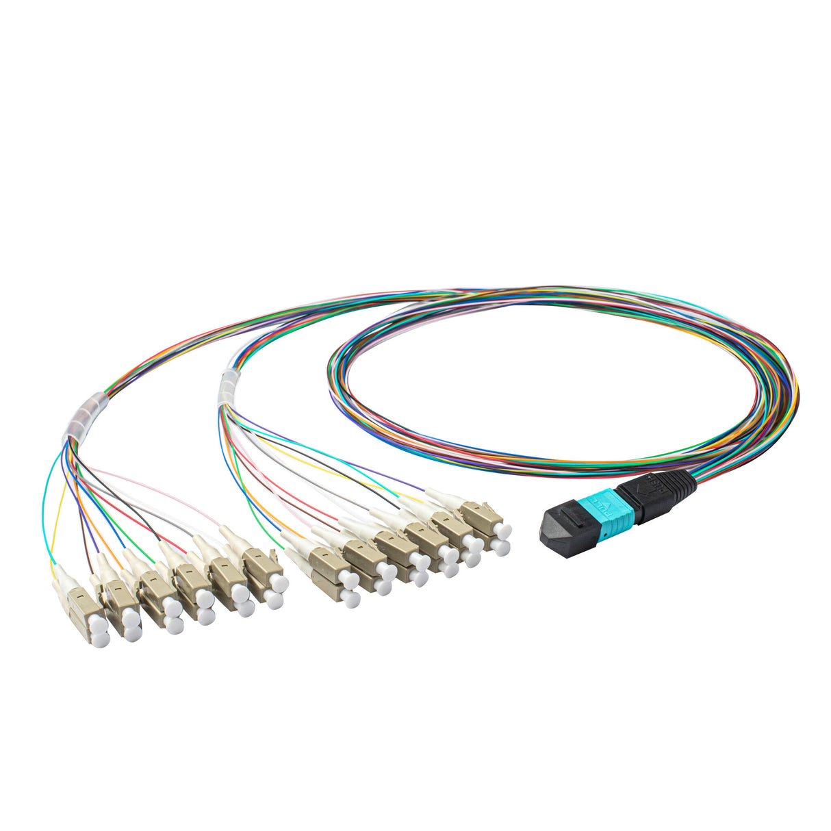 Elite Non-Pinned MPO to 24xLC Breakout Cable with Corning ClearCurve® OM3 Multimode Fiber, featuring an Aqua MPO Connector, 600μm 24-Colored Hytrel® Fiber Tube, and Beige LC Connectors, optimized for high-speed 40G/100G data center applications.