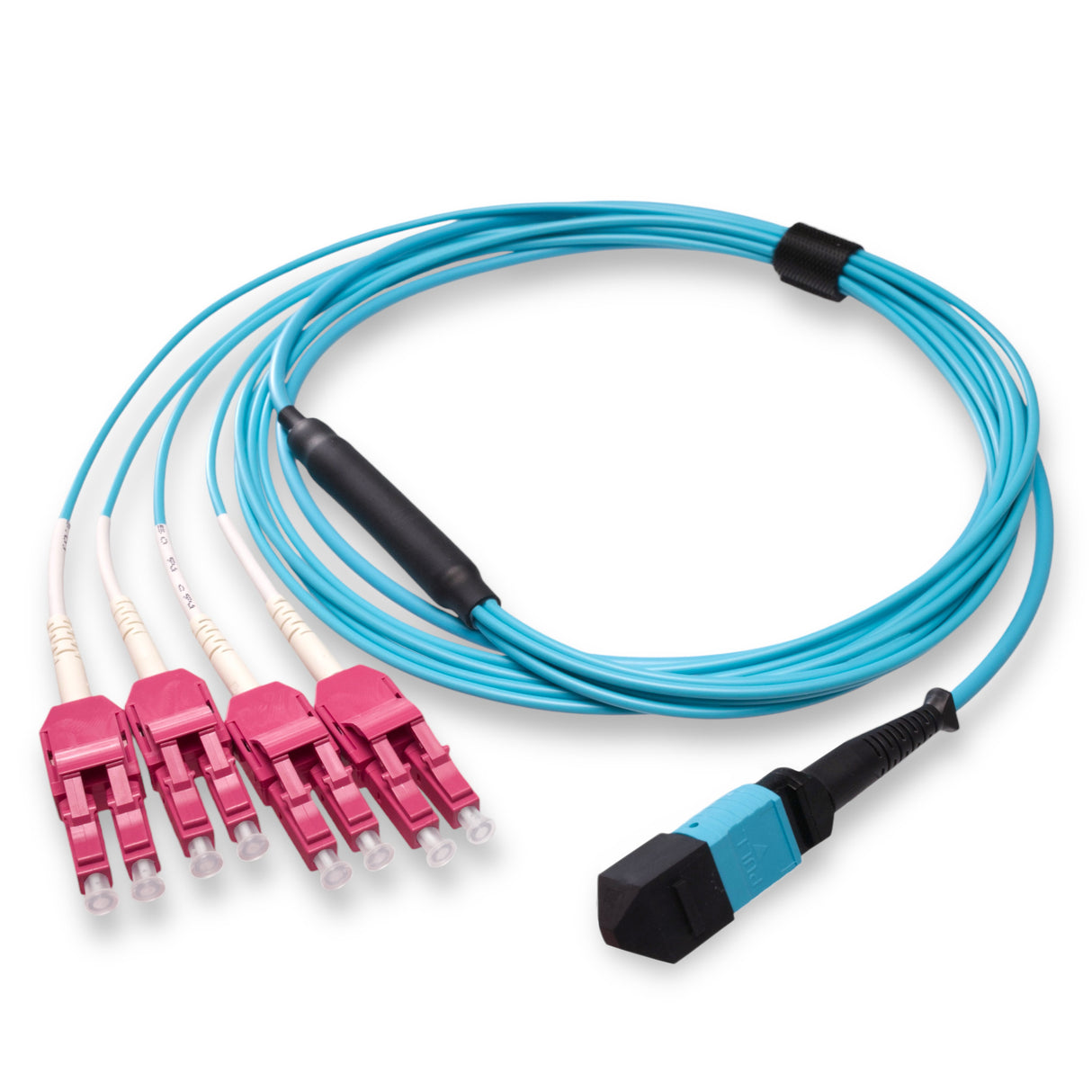 8-Fiber Low Loss Non-Pinned MPO/UPC to 4 x LC Uniboot/UPC Duplex QSFP Type Breakout Cable | Corning ClearCurve OM4 Multimode Optical Fiber | Type B, Aqua MPO Connector, Magenta LC Uniboot Connector, Aqua OFNP Cable Jacket