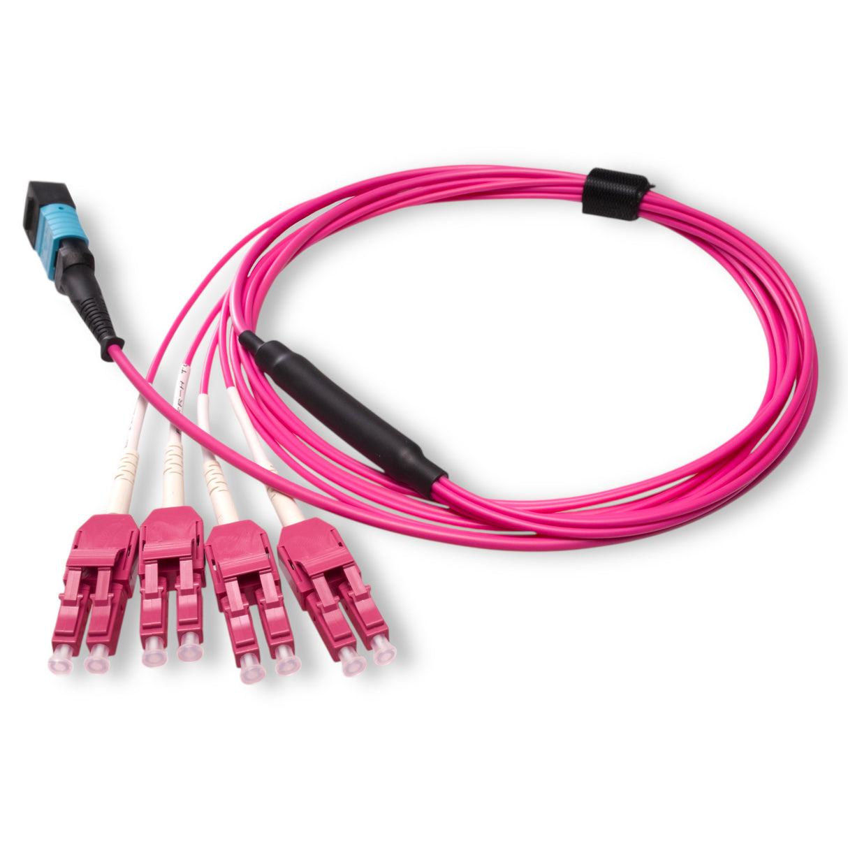 8-Fiber Low Loss Non-Pinned MPO/UPC to 4 x LC Uniboot/UPC Duplex QSFP Type Breakout Cable | Corning ClearCurve OM4 Multimode Optical Fiber | Type B, Aqua MPO Connector, Magenta LC Uniboot Connector, Magenta OFNP Cable Jacket