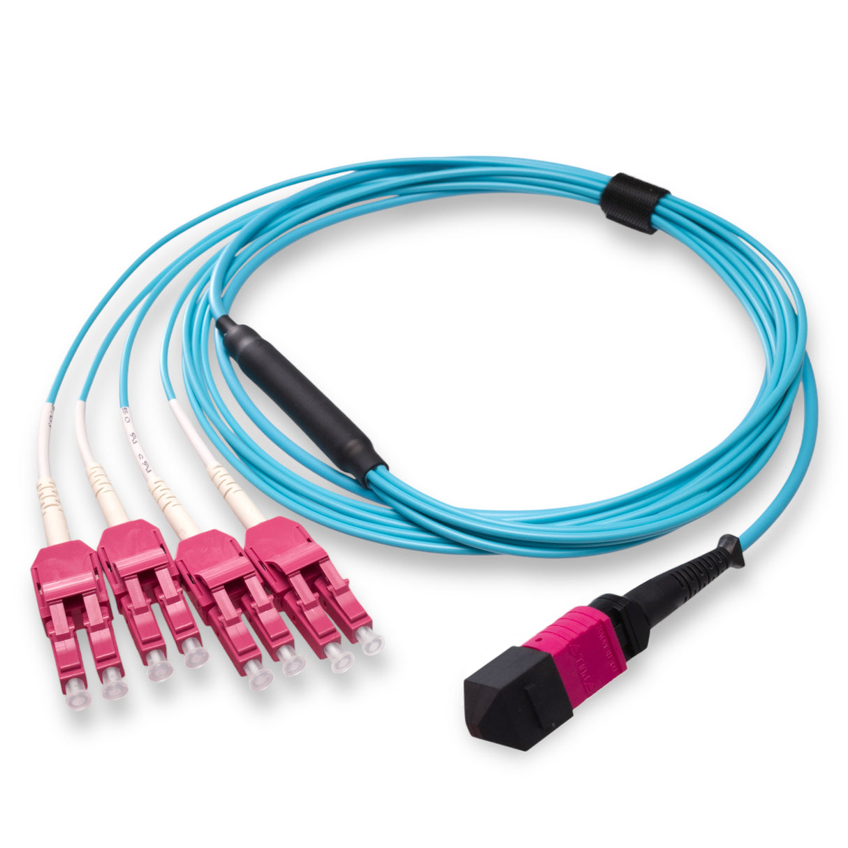 8-Fiber Low Loss Non-Pinned MPO/UPC to 4 x LC Uniboot/UPC Duplex QSFP Type Breakout Cable | Corning ClearCurve OM4 Multimode Optical Fiber | Type B, Magenta MPO Connector, Magenta LC Uniboot Connector, Aqua OFNP Cable Jacket