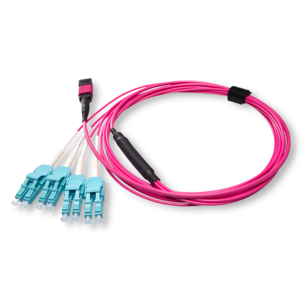 8-Fiber Low Loss Non-Pinned MPO/UPC to 4 x LC Uniboot/UPC Duplex QSFP Type Breakout Cable | Corning ClearCurve OM4 Multimode Optical Fiber | Type B, Magenta MPO Connector, Aqua LC Uniboot Connector, Magenta OFNP Cable Jacket