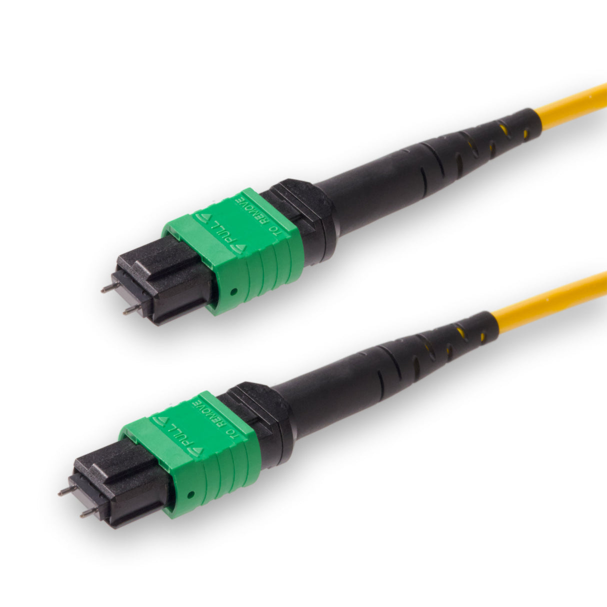 12-Fiber Low Loss Pinned MPO/APC to Pinned MPO/APC Jumper | Corning® SMF-28® Ultra Single-mode Optical Fiber | OS1/OS2 Compatible | Type B, Green MPO Connectors, Yellow Cable Jacket | LSZH Jacket