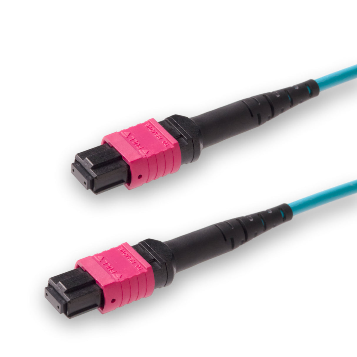 8-Fiber Low Loss Non-Pinned MPO/UPC to Non-Pinned MPO/UPC Jumper | Corning® ClearCurve® OM4 Multimode Optical Fiber | Type B, Magenta MPO-12 Connectors, Aqua Cable Jacket | OFNP Jacket