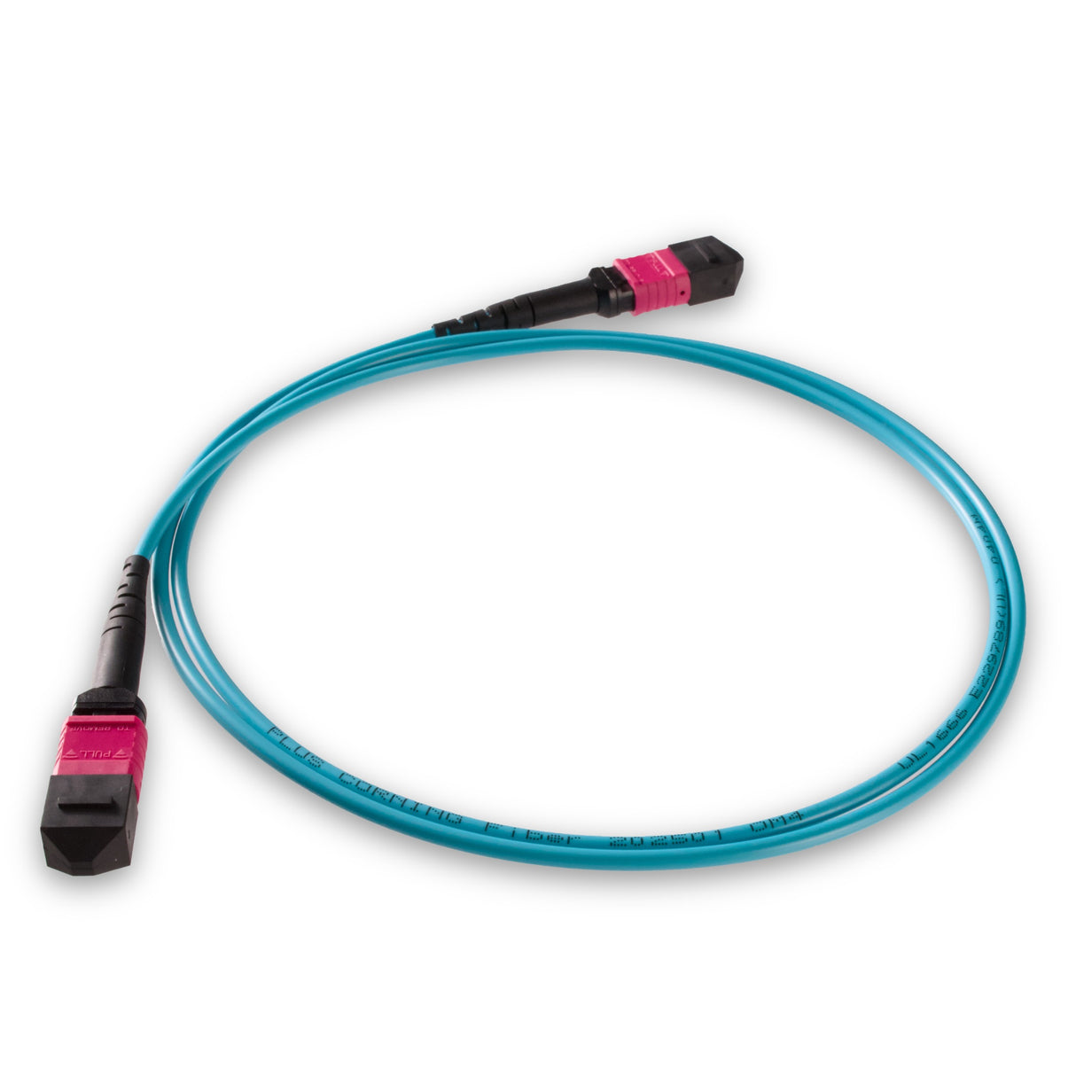TAA Compliant | 12-Fiber Low Loss Pinned MPO/UPC to Pinned MPO/UPC Jumper | Corning® ClearCurve® OM4 Multimode Optical Fiber | Type A, Magenta MPO Connectors, Aqua Cable Jacket | OFNP Jacket