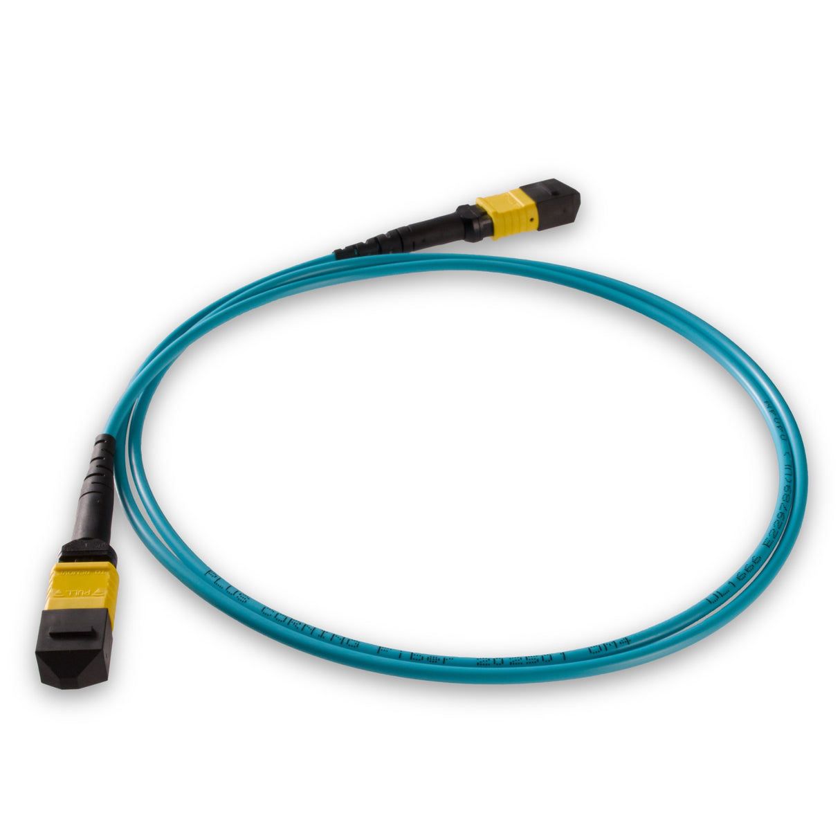 TAA Compliant | 8-Fiber Low Loss Non-Pinned MPO/APC to Non-Pinned MPO/APC Jumper | Corning® ClearCurve® OM4 Multimode Optical Fiber | Type B, Yellow MPO-12 Connectors, Aqua Cable Jacket | OFNR Jacket