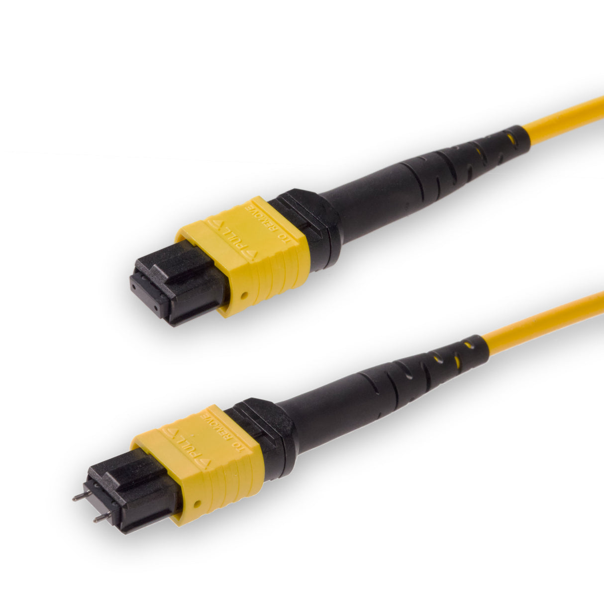 12-Fiber Low Loss Pinned MPO/APC to Non-Pinned MPO/APC Jumper | Corning® SMF-28® Ultra Single-mode Optical Fiber | OS1/OS2 Compatible | Type A, Yellow MPO Connectors, Yellow Cable Jacket | LSZH Jacket