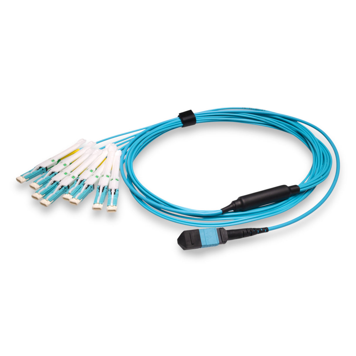 16-Fiber Non-Pinned MPO-16/UPC to 8 x CS/UPC Breakout Cable | Corning® ClearCurve® OM4 Multimode Optical Fiber | Crossover, Aqua MPO Connector, Aqua CS Connector, Aqua Cable Jacket | OFNP Jacket