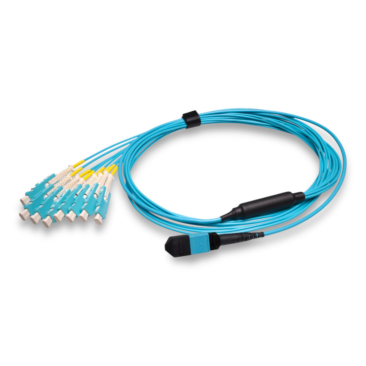 16-Fiber Non-Pinned MPO/UPC to 8 x SN/UPC Fanout Cable | Corning® ClearCurve® OM4 Multimode Optical Fiber | Crossover, Aqua MPO Connector, Aqua SN Connector, Aqua Cable Jacket | OFNR Jacket