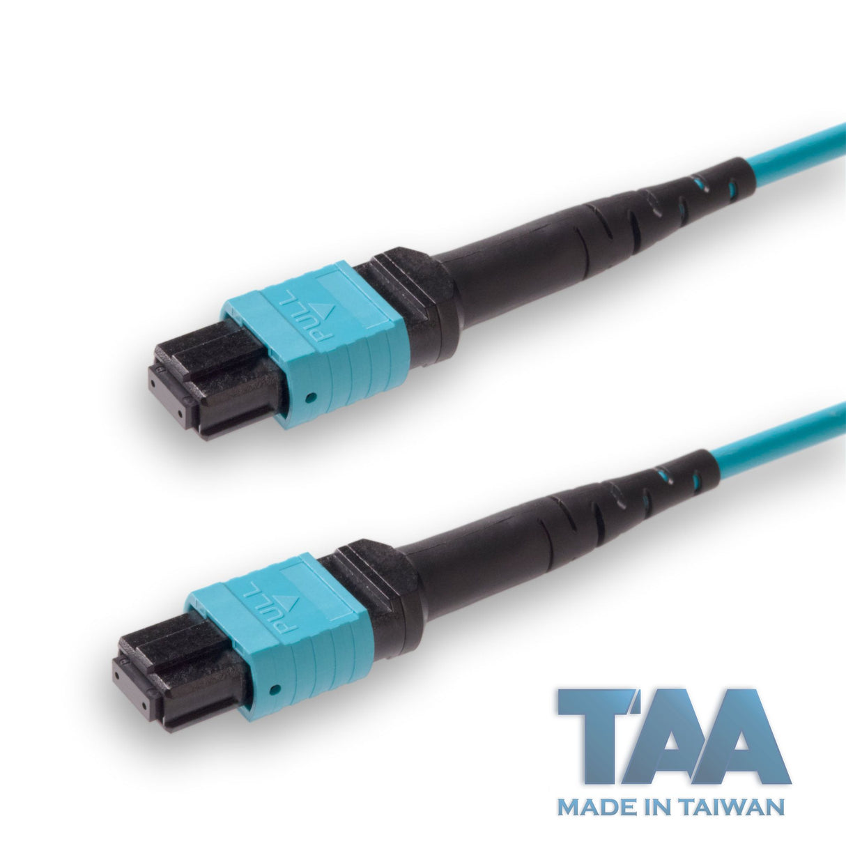 TAA Compliant | 12-Fiber Low Loss Non-Pinned MPO/UPC to Non-Pinned MPO/UPC Jumper | Corning® ClearCurve® OM3 Multimode Optical Fiber | Type A, Aqua MPO Connectors, Aqua Cable Jacket | OFNP Jacket