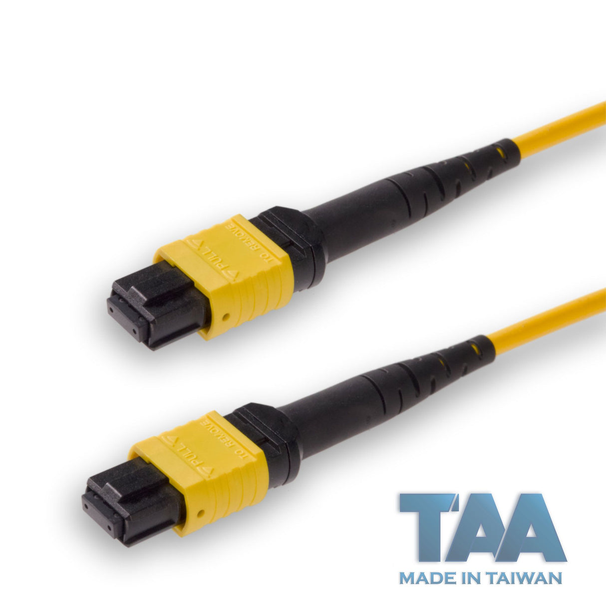 TAA Compliant | 12-Fiber Low Loss Non-Pinned MPO/APC to Non-Pinned MPO/APC Jumper | Corning® SMF-28® Ultra Single-mode Optical Fiber | OS1/OS2 Compatible | Type A, Yellow MPO Connectors, Yellow Cable Jacket | OFNP Jacket