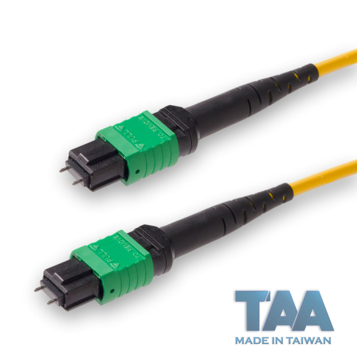 TAA Compliant | 12-Fiber Low Loss Pinned MPO/APC to Pinned MPO/APC Jumper | Corning® SMF-28® Ultra Single-mode Optical Fiber | OS1/OS2 Compatible | Type B, Green MPO Connectors, Yellow Cable Jacket | OFNP Jacket