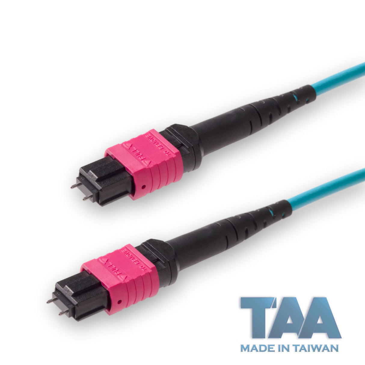 TAA Compliant | 12-Fiber Low Loss Pinned MPO/UPC to Pinned MPO/UPC Jumper | Corning® ClearCurve® OM4 Multimode Optical Fiber | Type A, Magenta MPO Connectors, Aqua Cable Jacket | OFNR Jacket