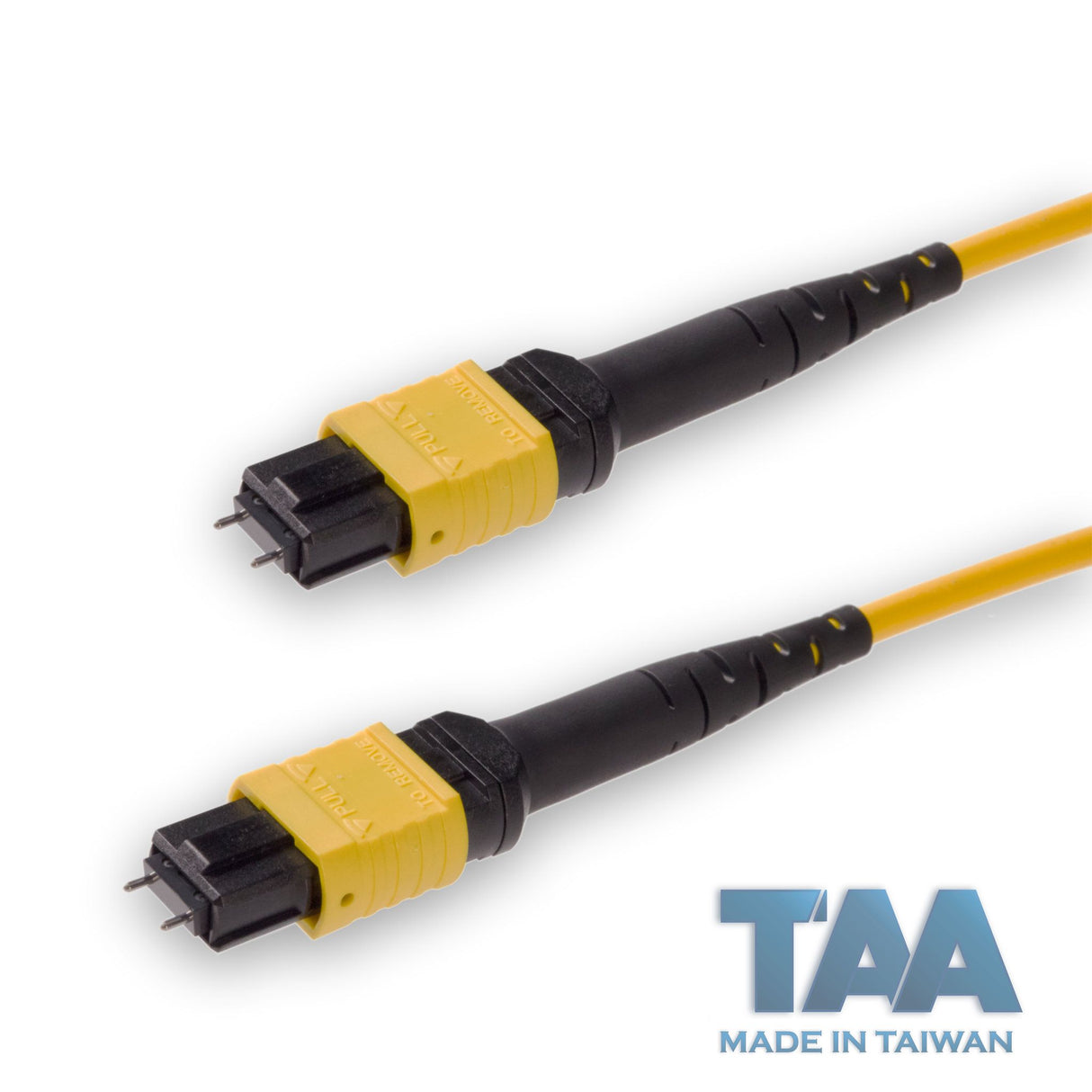 TAA Compliant | 12-Fiber Low Loss Pinned MPO/APC to Pinned MPO/APC Jumper | Corning® SMF-28® Ultra Single-mode Optical Fiber | OS1/OS2 Compatible | Type B, Yellow MPO Connectors, Yellow Cable Jacket | OFNP Jacket