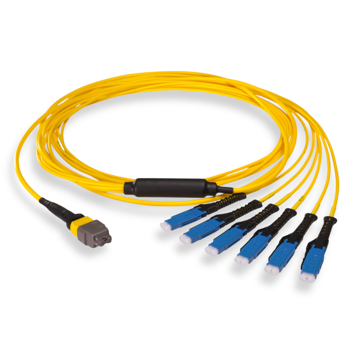 12-Fiber Non-Pinned MTP/APC to 6 x MDC/UPC Fanout Cable | Corning® SMF-28® Ultra Single-mode Optical Fiber | OS1/OS2 Compatible | Type B, Yellow MTP Connector, Blue MDC Connector, Yellow Cable Jacket | LSZH Jacket