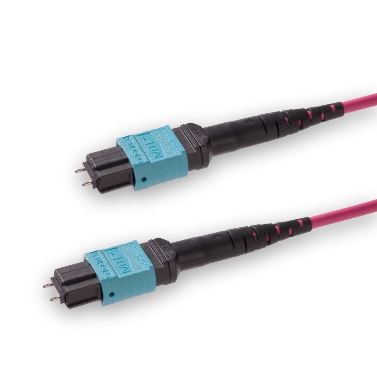 12-Fiber Elite Pinned MTP®/UPC to Pinned MTP®/UPC Jumper | Corning® ClearCurve® OM4 Multimode Optical Fiber | Type A, Aqua MTP® Connectors, Magenta Cable Jacket | OFNP Jacket