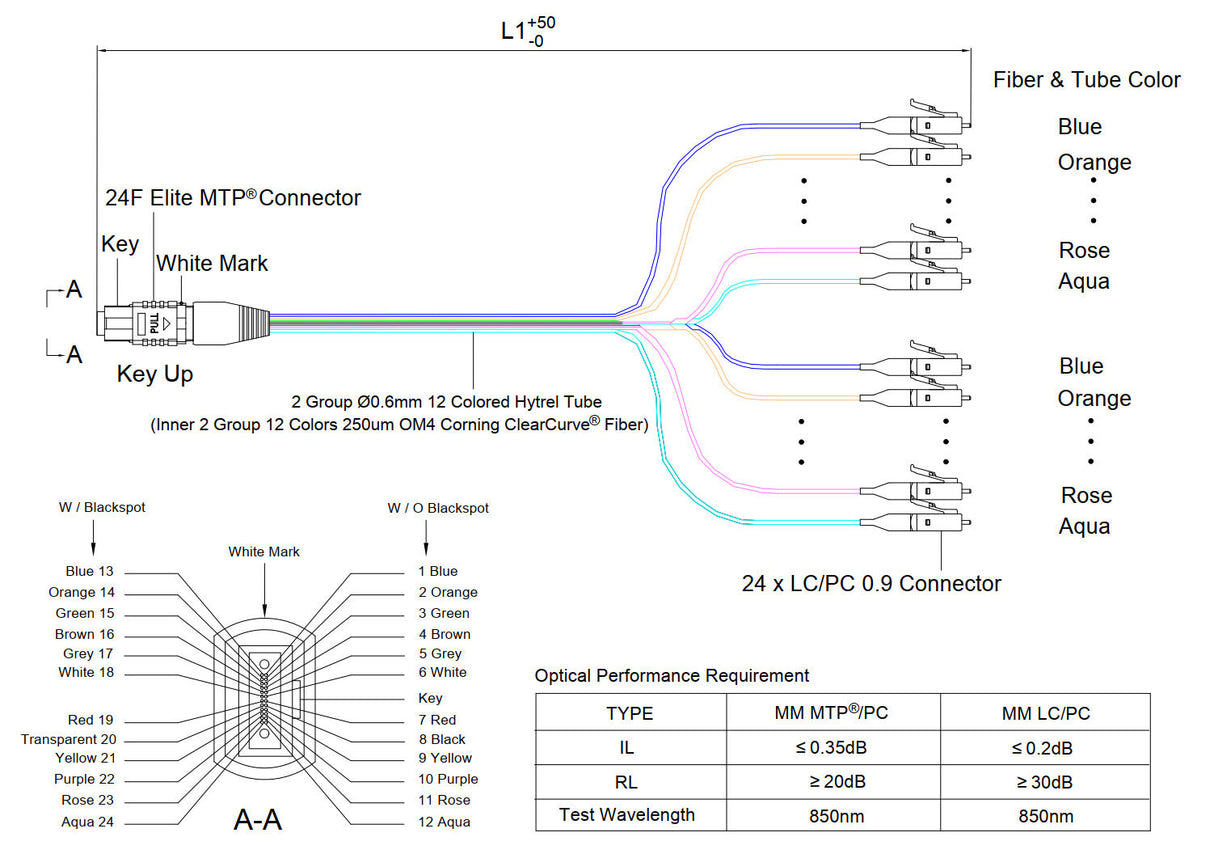 Elite Non-Pinned MTP® to 24xLC Breakout Cable | Corning® ClearCurve® OM4 Multimode Optical Fiber | Aqua MTP® Connector, 600μm 24-Colored Hytrel® Fiber Tube, Beige LC Connectors