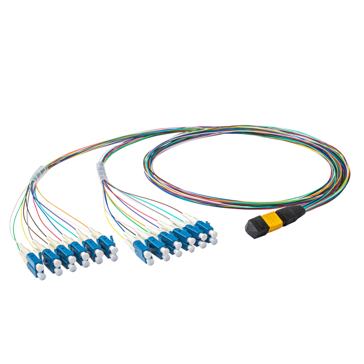 Elite Non-Pinned MTP® to 24xLC Breakout Cable with Corning® SMF-28® Ultra Fiber, optimized for high-density data centers, featuring a Yellow MTP® Connector and 600μm 24-Colored Hytrel® Fiber Tube for 40GBASE-PLR4 & 100GBASE-PSM4 applications.