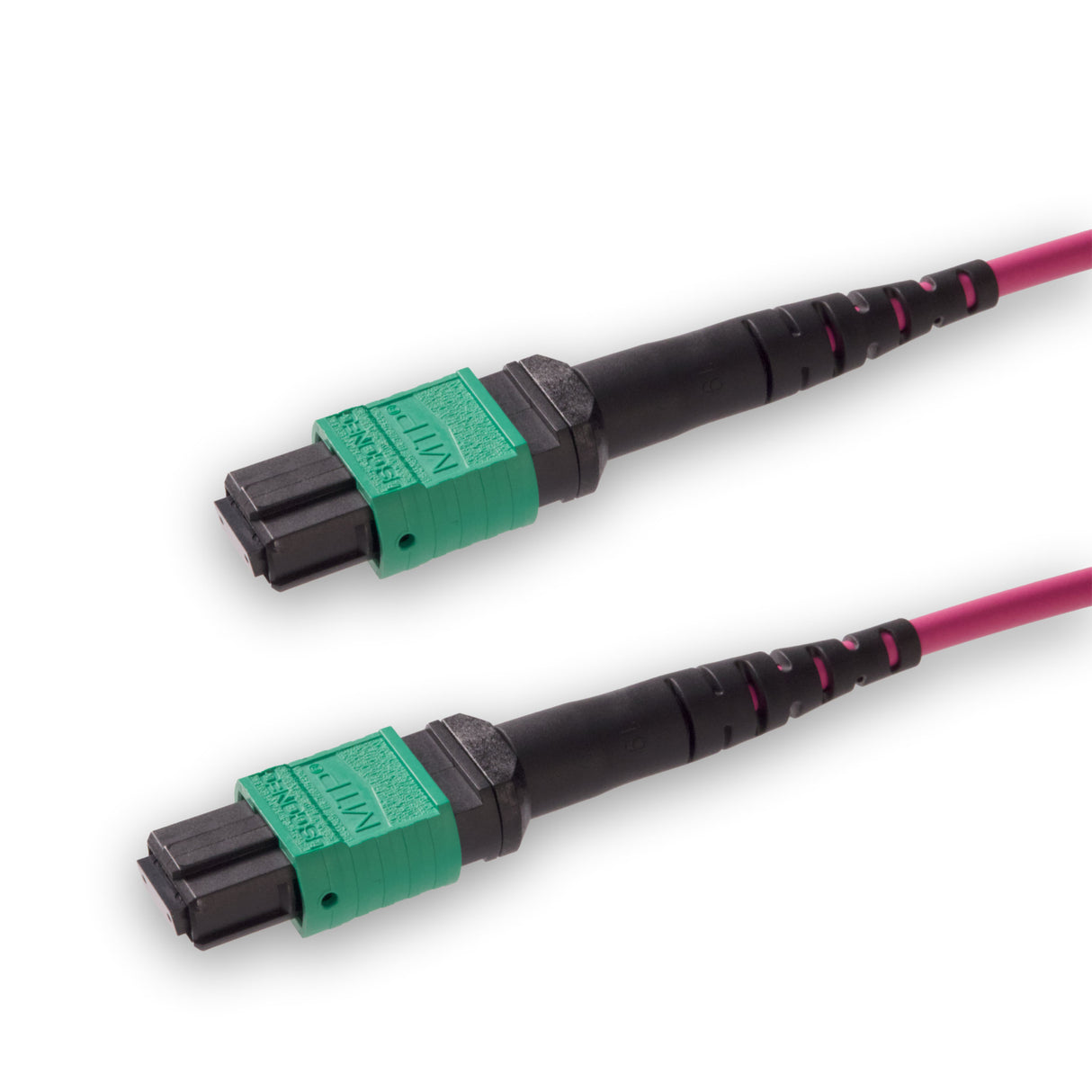 8-Fiber Elite Non-Pinned MTP®/APC to Non-Pinned MTP®/APC Jumper | Corning® ClearCurve® OM4 Multimode Optical Fiber | Type B, Green MTP®-12 Connectors, Magenta Cable Jacket | LSZH Jacket