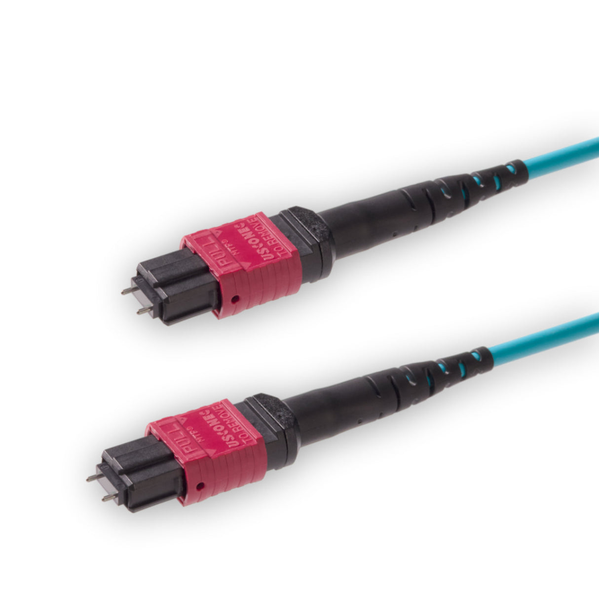 12-Fiber Elite Pinned MTP®/UPC to Pinned MTP®/UPC Jumper | Corning® ClearCurve® OM4 Multimode Optical Fiber | Type A, Magenta MTP® Connectors, Aqua Cable Jacket | LSZH Jacket