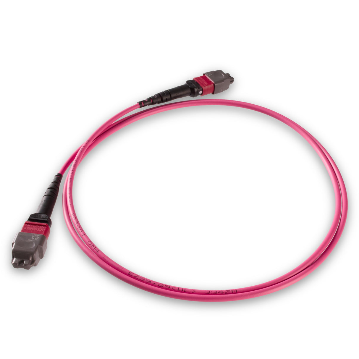 12-Fiber Elite Non-Pinned MTP® UPC to MTP® UPC Jumper with Corning® ClearCurve® OM4 Multimode Fiber, Type B polarity, Magenta MTP® connectors, and Magenta jacket, optimized for 40GBASE-SR4 and 100GBASE-SR4 multimode parallel optics in high-density data centers.