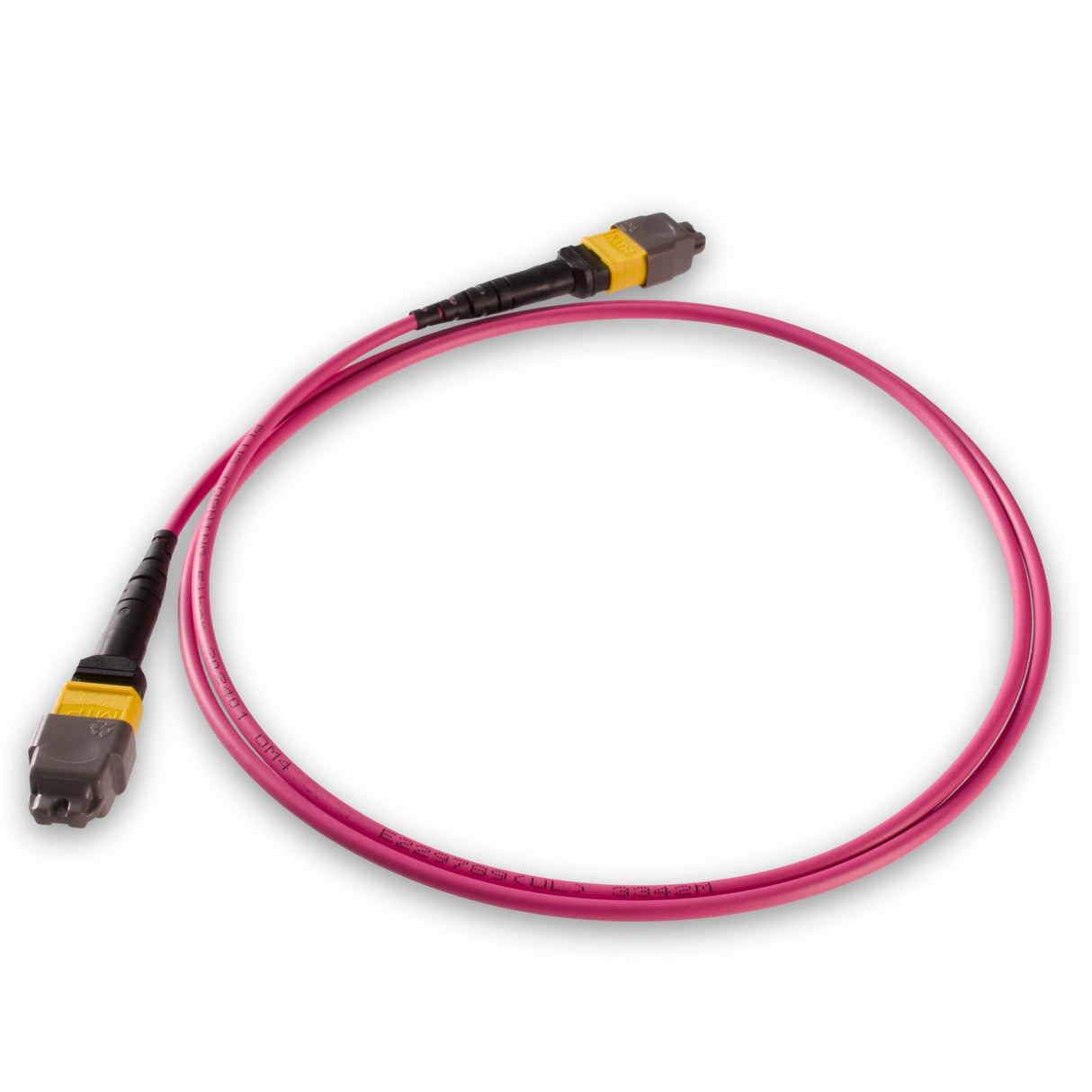 TAA Compliant | 8-Fiber Elite Non-Pinned MTP®/APC to Non-Pinned MTP®/APC Jumper | Corning® ClearCurve® OM4 Multimode Optical Fiber | Type B, Yellow MTP®-12 Connectors, Magenta Cable Jacket | OFNR Jacket