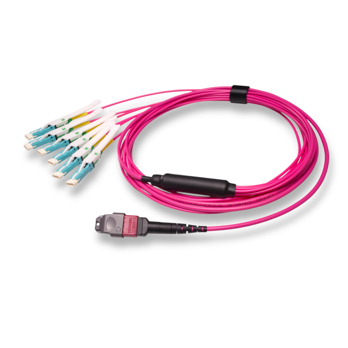 12-Fiber Non-Pinned MTP-12/UPC to 6 x CS/UPC Breakout Cable | Corning® ClearCurve® OM4 Multimode Optical Fiber | Type B, Magenta MTP Connector, Aqua CS Connector, Magenta Cable Jacket | OFNR Jacket