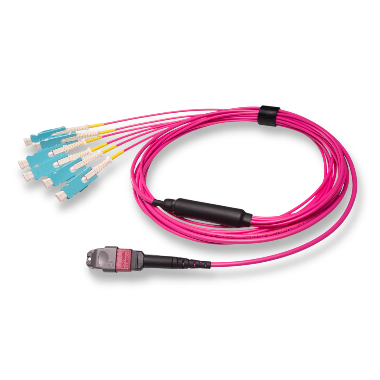 12-Fiber Non-Pinned MTP/UPC to 6 x SN/UPC Fanout Cable | Corning® ClearCurve® OM4 Multimode Optical Fiber | Type B, Magenta MTP Connector, Aqua SN Connector, Magenta Cable Jacket | OFNR Jacket