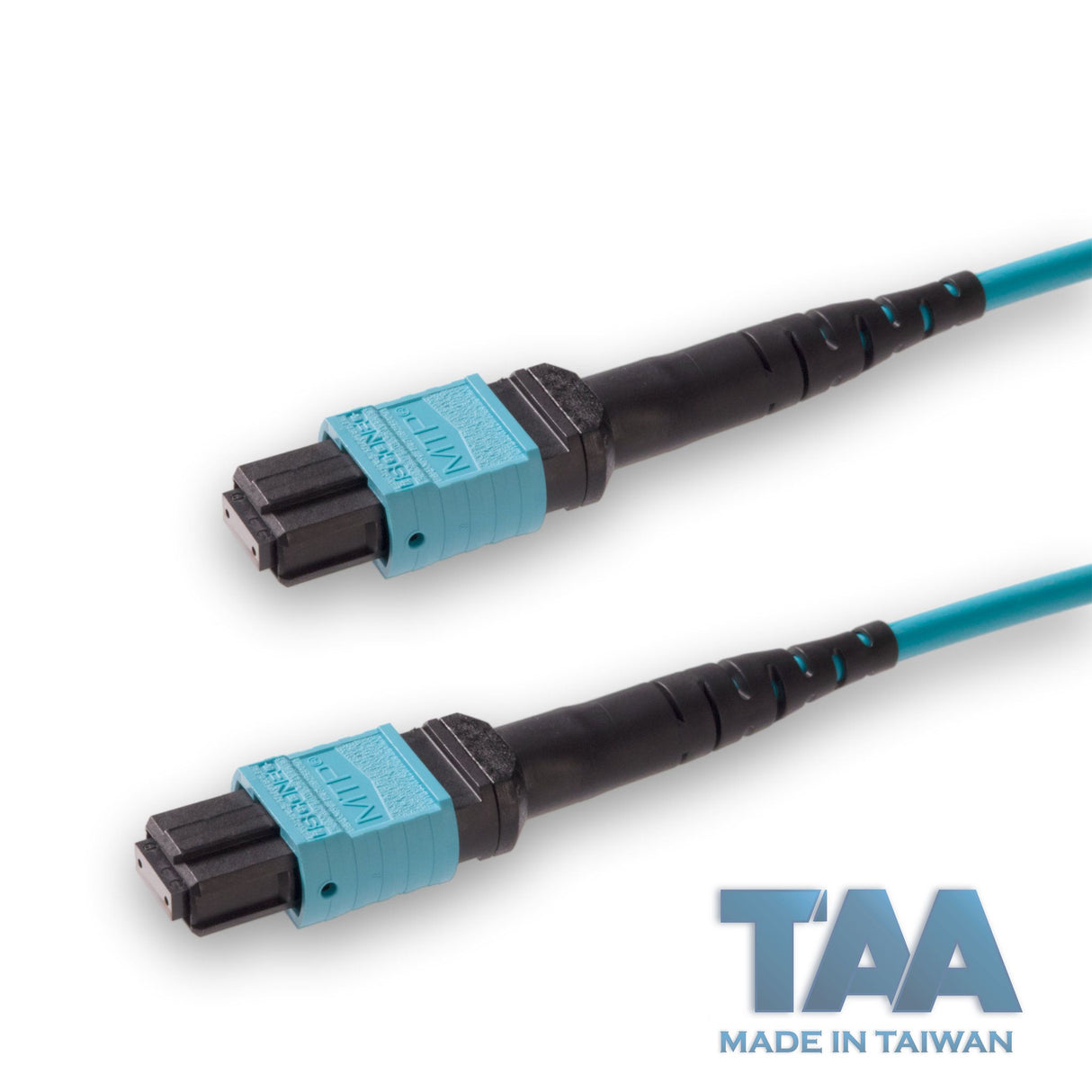 TAA Compliant | 8-Fiber Elite Non-Pinned MTP®/UPC to Non-Pinned MTP®/UPC Jumper | Corning® ClearCurve® OM4 Multimode Optical Fiber | Type B, Aqua MTP®-12 Connectors, Aqua Cable Jacket | OFNR Jacket