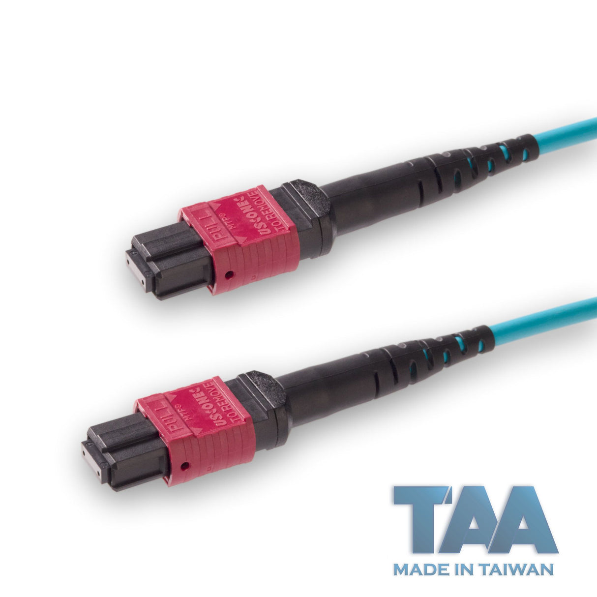 TAA Compliant | 12-Fiber Elite Non-Pinned MTP®/UPC to Non-Pinned MTP®/UPC Jumper | Corning® ClearCurve® OM4 Multimode Optical Fiber | Type A, Magenta MTP® Connectors, Aqua Cable Jacket | OFNR Jacket