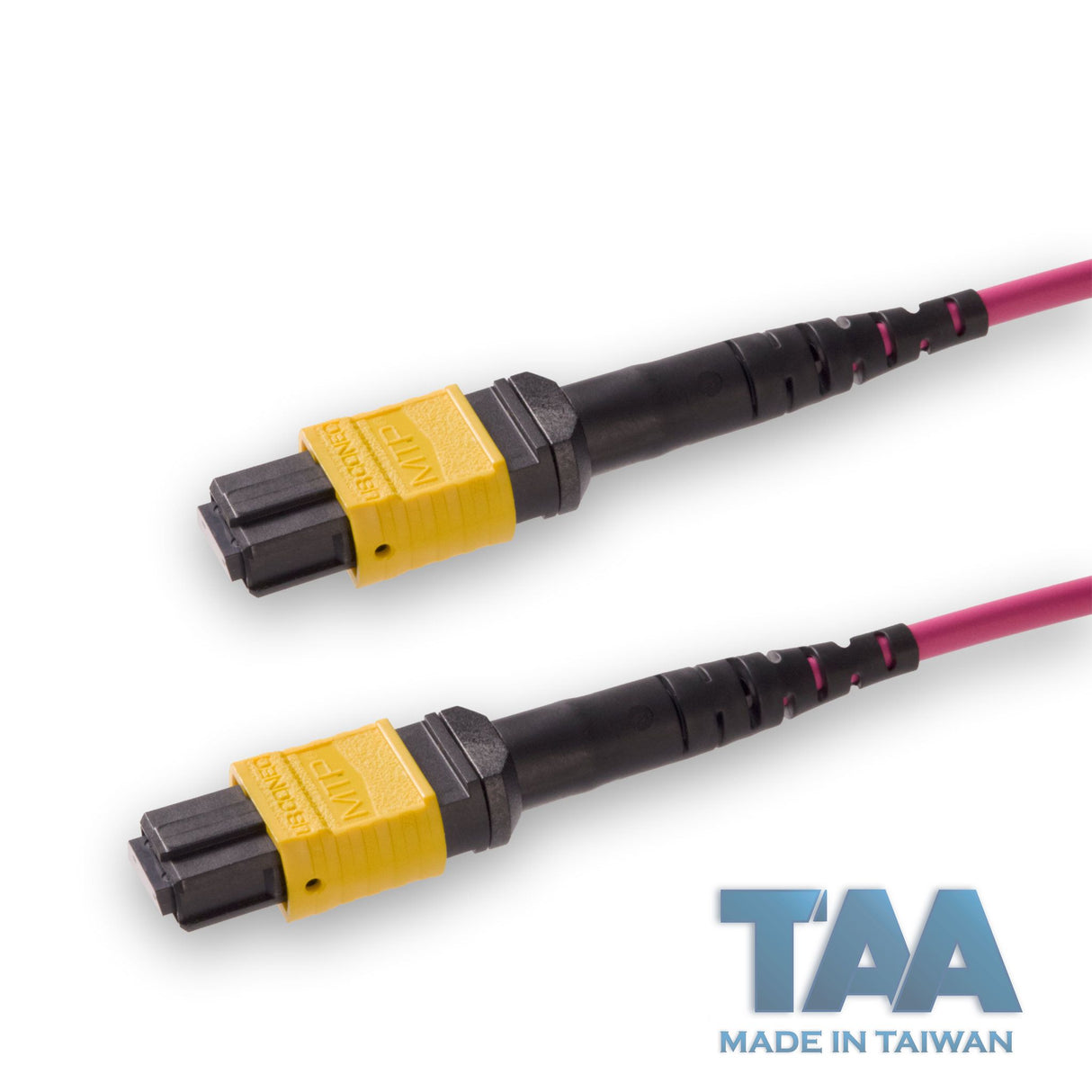 TAA Compliant | 8-Fiber Elite Non-Pinned MTP®/APC to Non-Pinned MTP®/APC Jumper | Corning® ClearCurve® OM4 Multimode Optical Fiber | Type B, Yellow MTP®-12 Connectors, Magenta Cable Jacket | OFNR Jacket